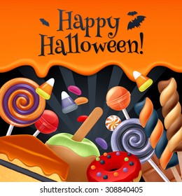 Halloween sweets colorful party background. Lollipop candy corn cake caramel apple jelly bean donut chocolate, good for holiday design. Dripping orange background with greetings.