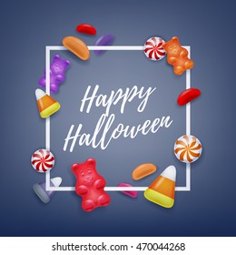 Halloween sweets colorful party background. Candy corn caramel jelly bean gummy bears, good for holiday design. Halloween greetings.