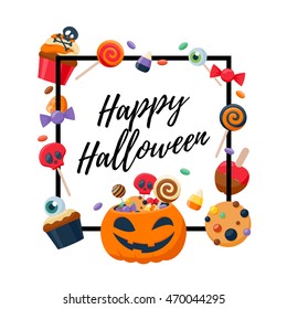 Halloween sweets colorful party background. Candy corn caramel jelly bean cupcake apple cookie, good for holiday design. Halloween greetings.