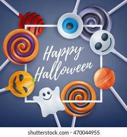 Halloween sweets colorful party background. Lollipop candy cake pops, good for holiday design. Halloween greetings.