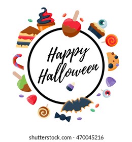 Halloween sweets colorful party background. Candy corn caramel jelly bean cupcake apple cookie, good for holiday design. Halloween greetings.