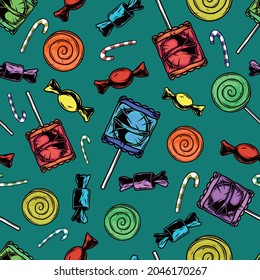 Halloween sweets colorful seamless pattern with candies and lollipops in vintage style vector illustration