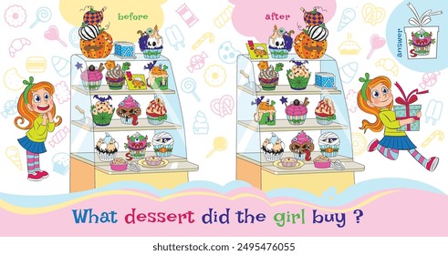 Halloween Sweets. Find out what holiday dessert the girl chose. Educational game for kids. Cartoon vector illustration