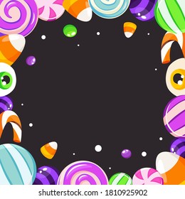 Halloween sweets frame. Halloween background. Vector illustration in flat style.