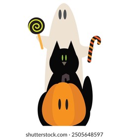 Halloween sweets, ghost, pumpkin and black cat vector cartoon illustration