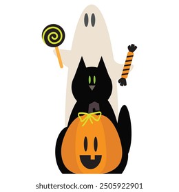 Halloween sweets, ghost, pumpkin and black cat vector cartoon illustration
