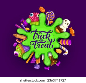 Halloween sweets with green slime blob vector trick or treat party sweet food. Cartoon pumpkin cakes, corn candies, chocolate cupcakes, toffee eyeball and caramel lollipops, witch finger cookie, jelly