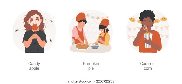 Halloween Sweets Isolated Cartoon Vector Illustration Set. Girl With Spooky Halloween Makeup Eating Candy Apple, Kid In Chef Costume Preparing Pumpkin Pie, Boy Enjoying Caramel Corn Vector Cartoon.