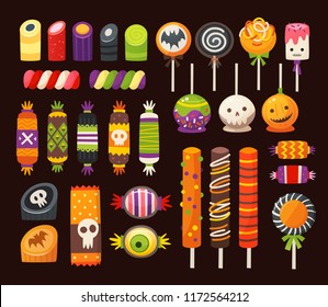 Halloween sweets for kids in traditional October holiday colors. Colorful classic vector candies decorated with halloween elements and ornaments. Isolated icons