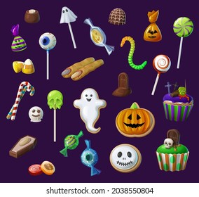 Halloween sweets, lollypops and candies, cupcakes, candy corn and witch fingers. Halloween creepy treats set, scary chocolate candies and cookies with skull, ghost and pumpkin, eye, worm and grave, svg