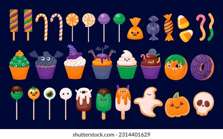 Halloween sweets. October holiday, kids autumn party. Trick or treat sweet candy, chocolate, pumpkin cookie, colorful lollipop, ghost cake. Vector set. Desserts for celebration as skull, eyeball