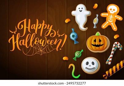 Halloween sweets on wooden background. Cartoon holiday cookies and candies scatter on brown wood board. Vector banner or greeting card with bewitching display of delectable treats, ghoulish delights