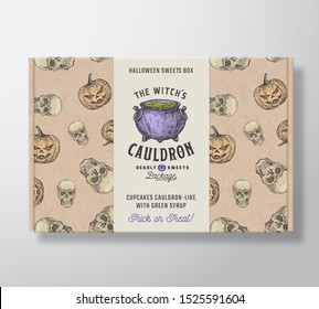 Halloween Sweets Pattern Realistic Cardboard Box with Banner. Abstract Vector Packaging Design or Label. Hand Drawn Witch Cauldron, Pumpkins and Sculls Sketches. Craft Paper Background Layout Isolated