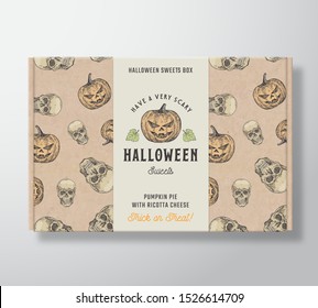 Halloween Sweets Pattern Realistic Cardboard Box with Banner. Abstract Vector Packaging Design or Label. Hand Drawn Witch Pumpkins and Sculls Sketches. Craft Paper Background Layout. Isolated.