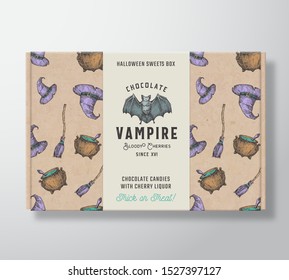 Halloween Sweets Pattern Realistic Cardboard Box with Banner. Abstract Vector Packaging Design or Label. Hand Drawn Witch Hat, Broom, Cauldron and Bat Sketches. Craft Paper Background Layout. Isolated