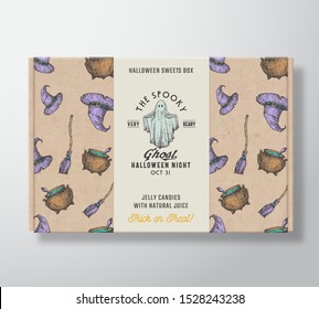 Halloween Sweets Pattern Realistic Cardboard Box with Banner. Abstract Vector Packaging Design or Label. Hand Drawn Witch Hat, Broom, Cauldron, Ghost Sketches. Craft Paper Background Layout. Isolated.