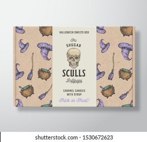 Halloween Sweets Pattern Realistic Cardboard Box with Banner. Abstract Vector Packaging Design. Hand Drawn Witch Hat, Broom, Cauldron and Scull Sketches. Craft Paper Background Layout. Isolated.