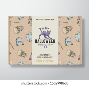 Halloween Sweets Pattern Realistic Cardboard Box with Banner. Abstract Vector Packaging Design or Label. Hand Drawn Ghost, Scull, Tomb, Scythe, Cat Sketches. Craft Paper Background Layout. Isolated.