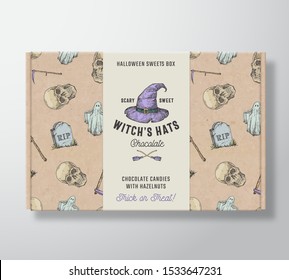 Halloween Sweets Pattern Realistic Cardboard Box with Banner. Abstract Vector Packaging Design or Label. Hand Drawn Ghost, Scull, Tomb, Scythe, Hat Sketches. Craft Paper Background Layout. Isolated.