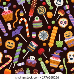 Halloween sweets pattern. Seamless background with trick or treat candies. Vector illustration. Many types spooky dessert.