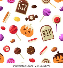 Halloween sweets pattern. Seamless print of cartoon trick or treat candies, cute pumpkin lollipops gumballs desserts repeating backdrop. Vector texture. Spooky food for autumn holiday