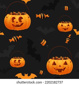 Halloween sweets pattern. Vector candies with Halloween bucket and decorations. Spooky desserts, flying bats. Black and orange goodies background. Hand drawn realistic delicious candy corn, pumpkin.