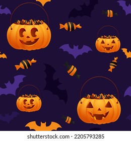 Halloween sweets pattern. Vector candies with Halloween bucket and decorations. Spooky desserts, flying bats. Purple and orange goodies background. Hand drawn realistic delicious candy corn, pumpkin.