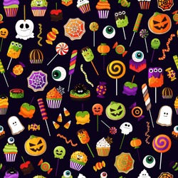 Halloween Sweets Pattern.Vector Candies  With Halloween Elements And Ornaments. Many Types Spooky Dessert. Colorful Treats Background. Hand Drawn Realistic Delicious,candy Corn, Pumpkins, Eyeballs.   