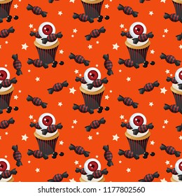 Halloween Sweets Seamless Pattern. Colorful Halloween sweets background.