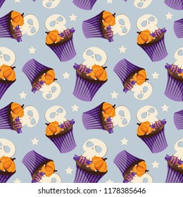 Halloween Sweets Seamless Pattern. Colorful Halloween sweets background.