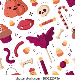 Halloween sweets seamless pattern. Hand drawn illustration. Chocolate bar, candy corn, popsicle, cupcake and pumpkin elements