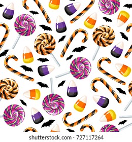 Halloween sweets seamless pattern. Lollipop candy, candy corn and cane colorful holiday background.