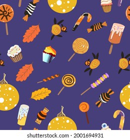 Halloween sweets seamless pattern. Lollipops, sweets, muffins, a basket of sweets, ice cream, pumpkin on a dark blue background.