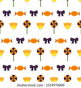 Halloween sweets seamless pattern on white background. Jelly, lollipop, candy and bow. Trick or treat, Guising. Decor for cards, scrap paper, packaging. Flat vector backdrop.