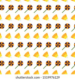 Halloween sweets seamless pattern on white background. Jelly and lollipop. Trick or treat, Guising. Decor for cards, scrap paper, packaging. Flat vector backdrop.