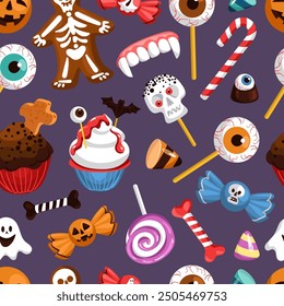 Halloween sweets seamless pattern. Sugar products. Holiday creepy candies. Eye lollipops. Spooky cookies. Ghost marshmallows. Scary jellies. Repeated print. Splendid