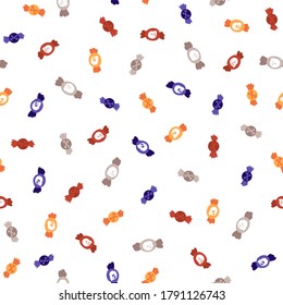 Halloween sweets seamless pattern. Vector illustration of candy in a simple hand-drawn style. The limited palette is ideal for printing fabrics, textiles, wrapping paper, packaging. White background
