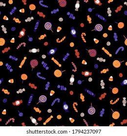 Halloween sweets seamless pattern. Vector illustration of candy in a simple hand-drawn style. The limited palette is ideal for printing fabrics, textiles, wrapping paper, packaging. Black background.