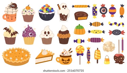 Conjuntos de doces de Halloween. Doces, bolinhos, torta de abóbora, milho doce, abóbora doce, maçãs caramelo e outros doces tradicionais de Halloween. Fundo branco.