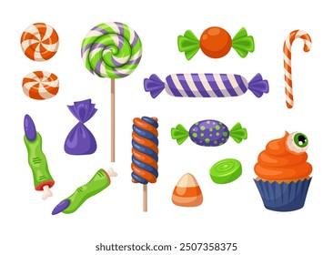 Conjunto de dulces de Halloween. Caramelos y piruletas, dedos de bruja y un cupcake con un ojo. El concepto se utiliza para pegatinas, Anuncios y tarjetas. Ilustración vectorial dibujada a mano.