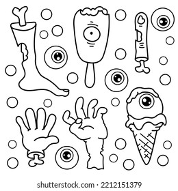 Halloween sweets. Set Halloween. Leg, arms, eyes, ice cream. Coloring book. Halloween. Black and white vector image.