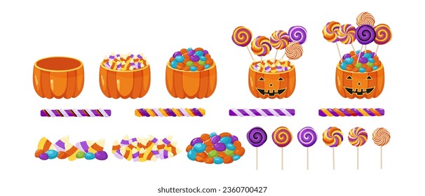 Dulces de Halloween con calabazas, caramelos y copas. Ilustración vectorial.