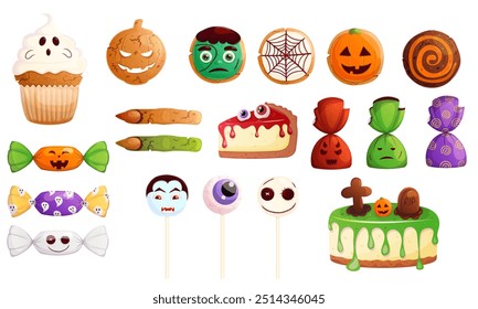  Halloween sweets set. Scary cake, lollipop, candy, cookie illustration. Trick or treat party elements. 