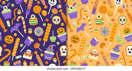 Los dulces de Halloween se establecen con dos patrones sin fisuras y elementos de trucos lindos o de tratamiento de caramelos, diseño vectorial. Antecedentes con muchos tipos de postres espeluznantes.