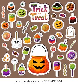 Halloween sweets stickers set. Many types traditional halloween desserts. Trick or treat elements, design treats icons collection. Treat bowl, candy, apples, eyeball, jelly. Scrapbook template images.