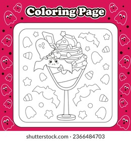 Halloween sweets themed coloring page for kids with kawaii ghost and bat character shaped ice cream