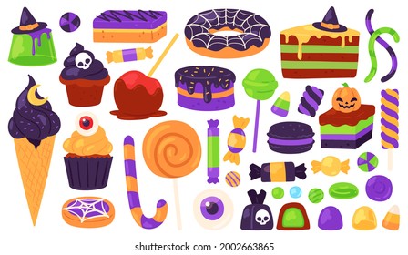 Halloween sweets. Trick or treats candies and dessert with spooky decoration, witch hat, pumpkin, spider web. Autumn kids holiday vector set. Illustration halloween candy and spooky sweets