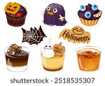 Halloween sweets variety cupcake cookie jelly pudding mousse Mont Blanc cake