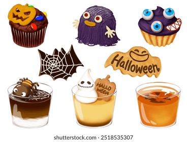 Halloween sweets variety cupcake cookie jelly pudding mousse Mont Blanc cake