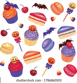 Halloween Sweets Vector Illustration Cupcakes Choco Pops Pumpkin Candy Macaron Cherry Chocellate Bat